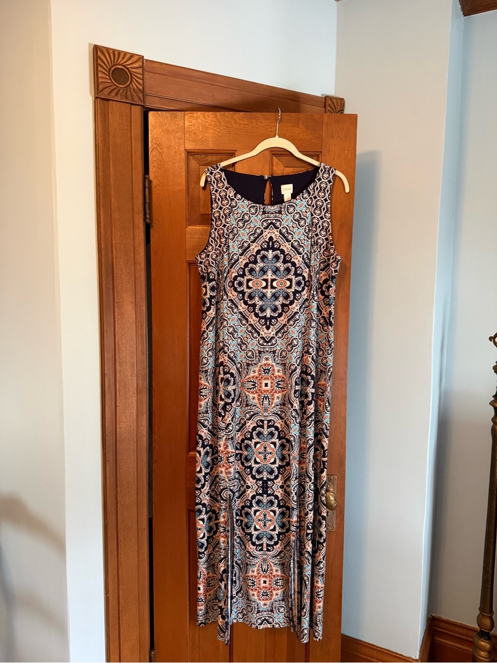 Chico's Sleeveless Maxi Dress in Navy and Coral Tile Print